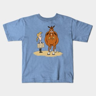 Funny Fat Cartoon Horse Woman Will Work For Hay Kids T-Shirt